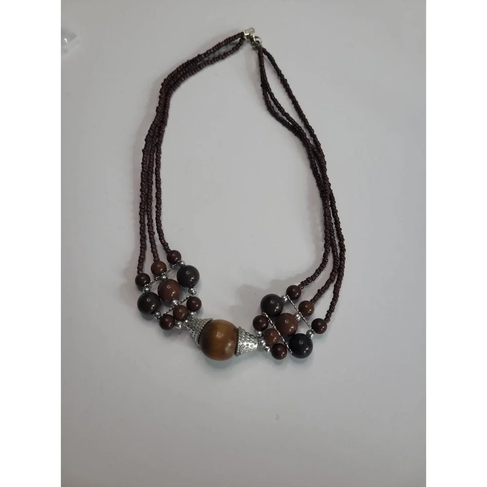 Brown Multi Strand Beaded Necklace Silver Tone Boho Statement Tribal Style